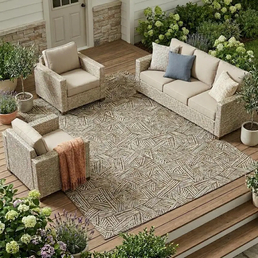 Brown And Ivory Geometric Washable Indoor Outdoor Area Rug Photo 1