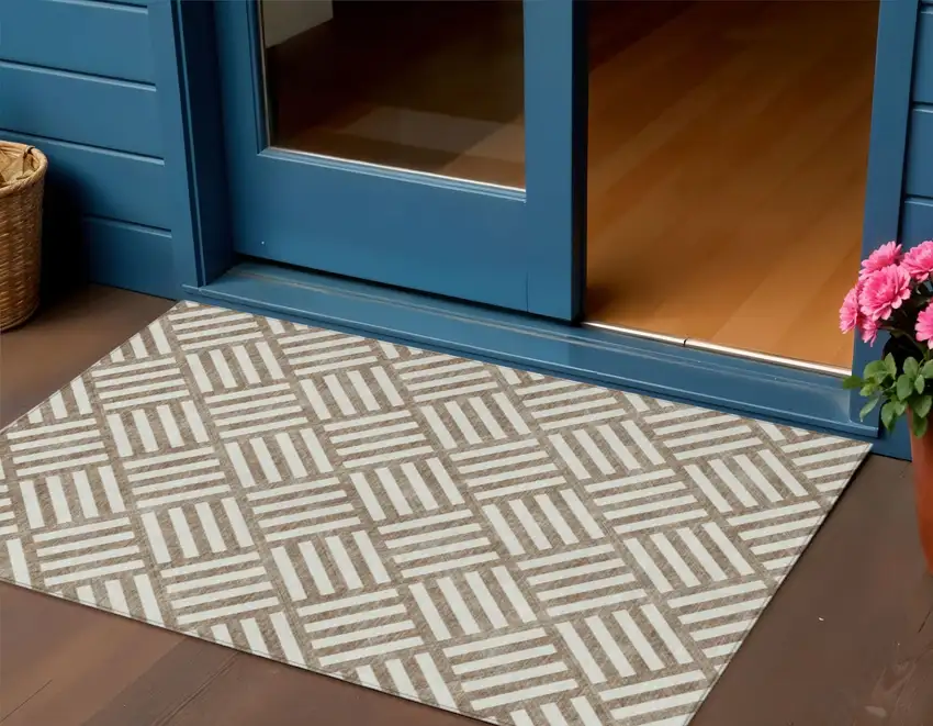 Brown And Ivory Geometric Washable Indoor Outdoor Area Rug Photo 1