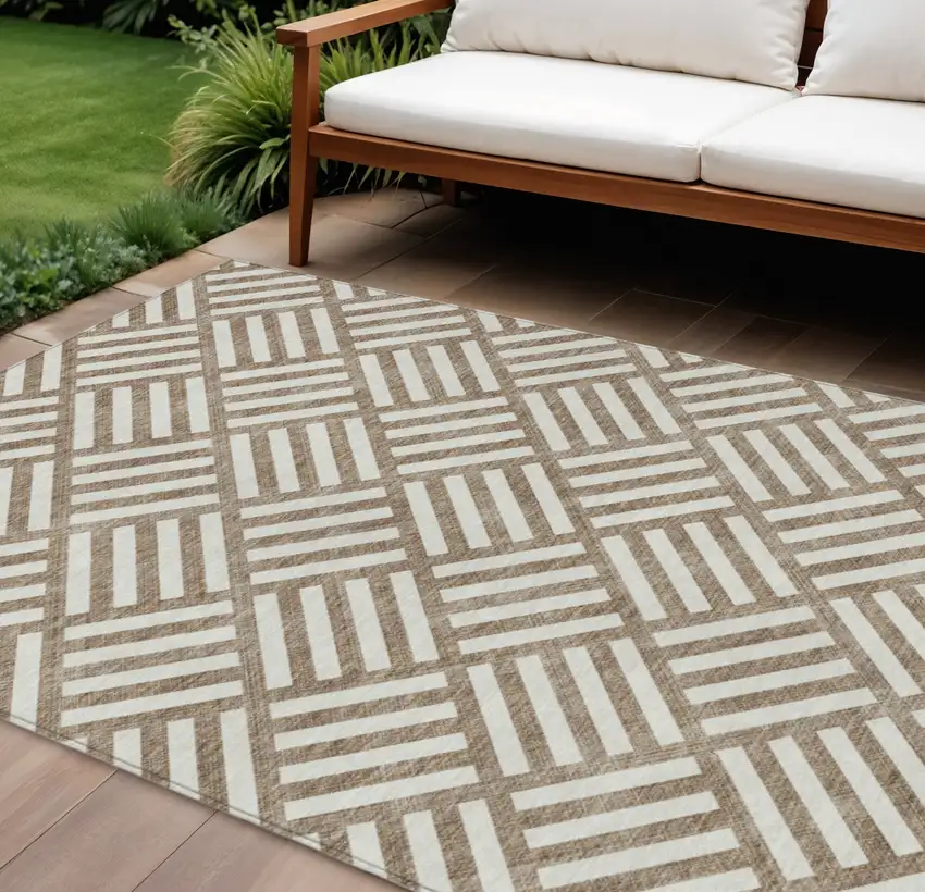 Brown And Ivory Geometric Washable Indoor Outdoor Area Rug Photo 1