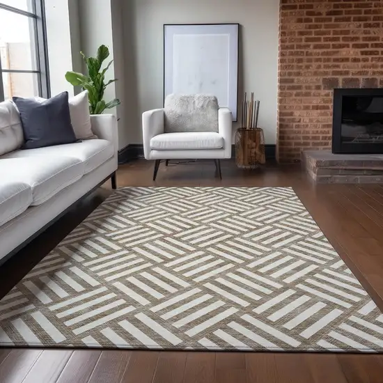 Brown And Ivory Geometric Washable Indoor Outdoor Area Rug Photo 8
