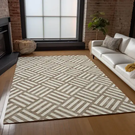 Brown And Ivory Geometric Washable Indoor Outdoor Area Rug Photo 9