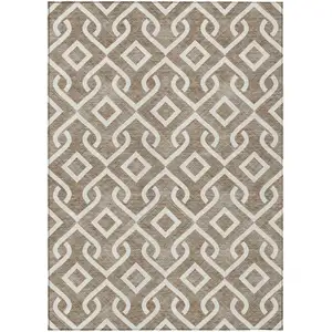 Photo of Brown And Ivory Geometric Washable Indoor Outdoor Area Rug