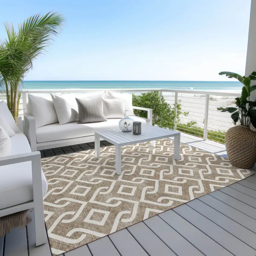 Brown And Ivory Geometric Washable Indoor Outdoor Area Rug Photo 9