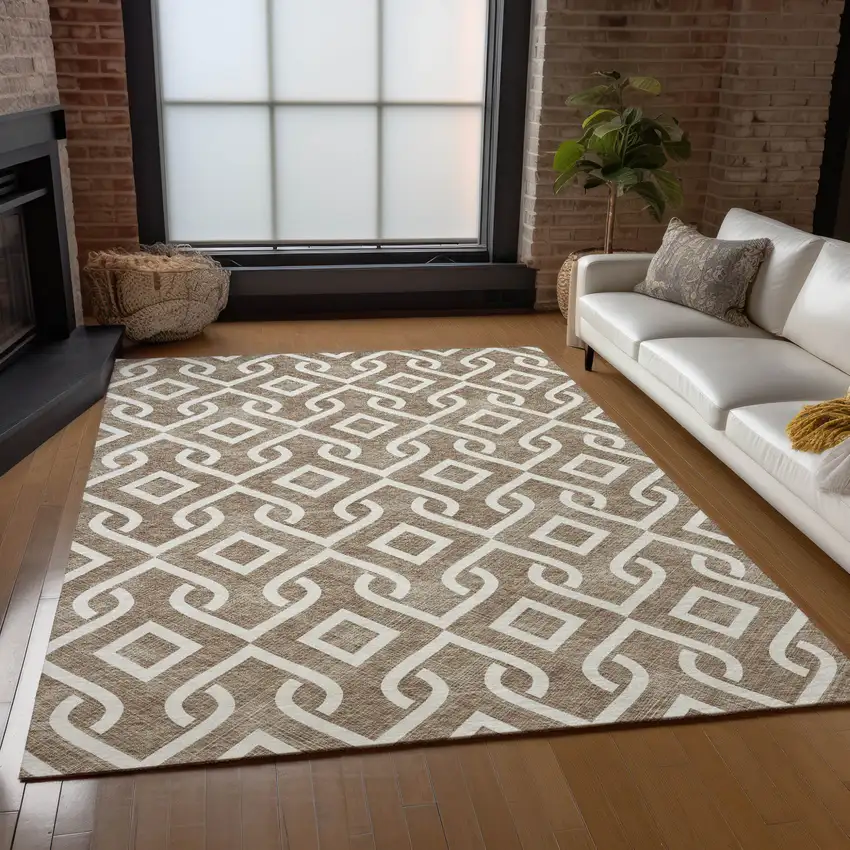Brown And Ivory Geometric Washable Indoor Outdoor Area Rug Photo 9