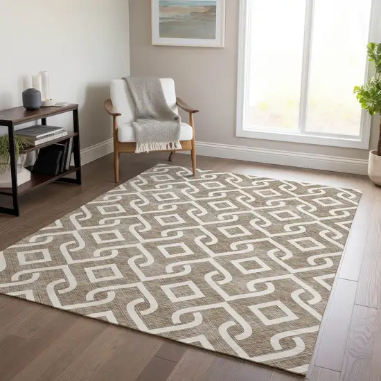 Brown And Ivory Geometric Washable Indoor Outdoor Area Rug Photo 9
