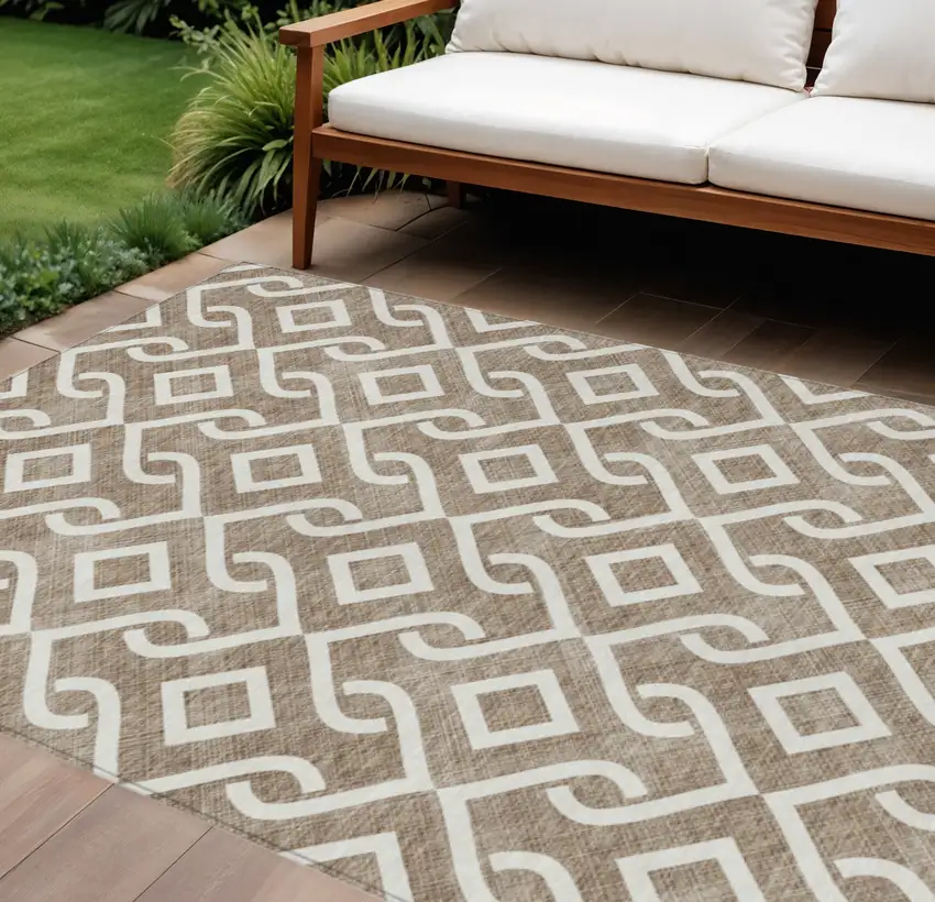 Brown And Ivory Geometric Washable Indoor Outdoor Area Rug Photo 1