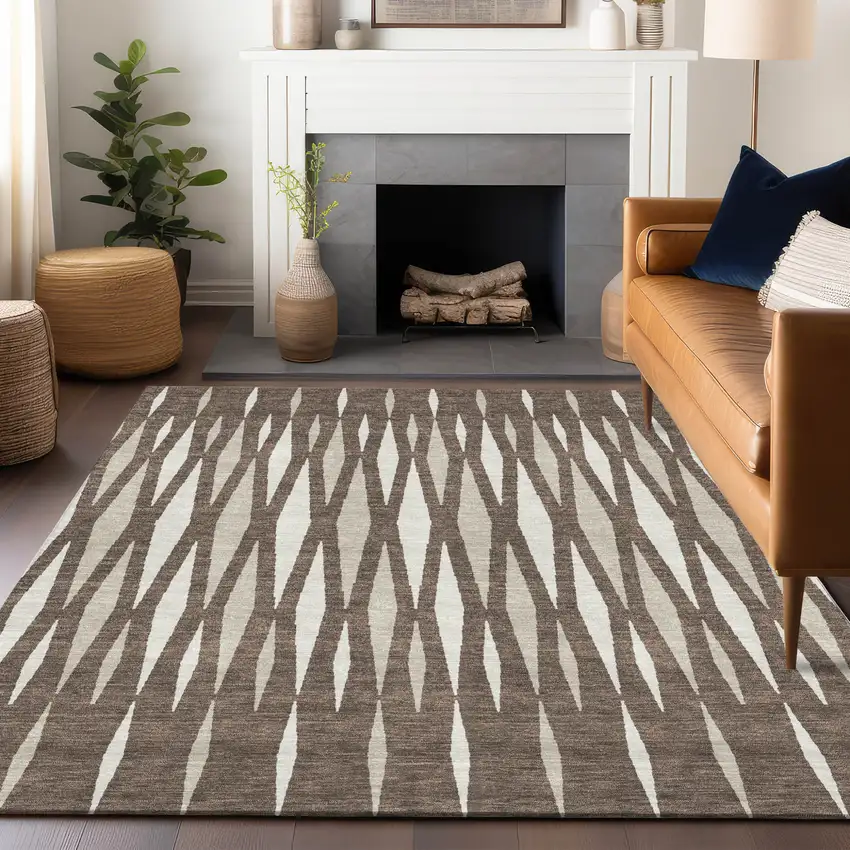 Brown And Ivory Geometric Washable Indoor Outdoor Area Rug Photo 9