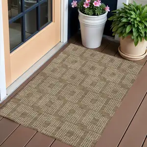 Photo of Brown And Ivory Geometric Washable Indoor Outdoor Area Rug