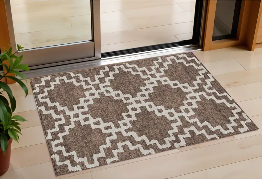 Brown And Ivory Geometric Washable Indoor Outdoor Area Rug Photo 1