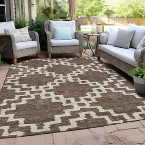 Photo of Brown And Ivory Geometric Washable Indoor Outdoor Area Rug