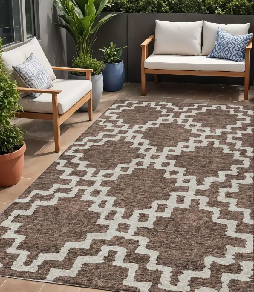 Brown And Ivory Geometric Washable Indoor Outdoor Area Rug Photo 1