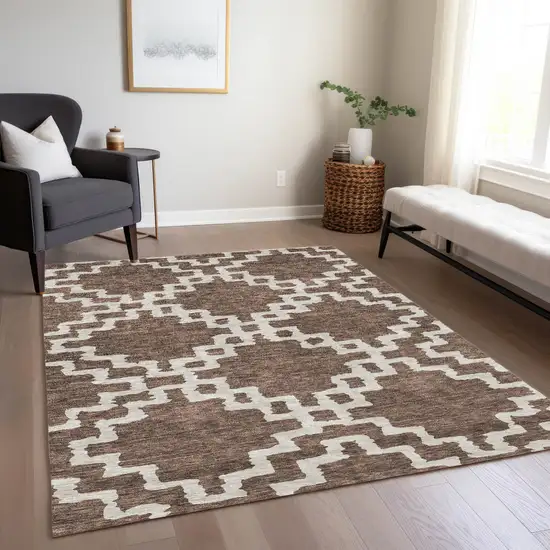 Brown And Ivory Geometric Washable Indoor Outdoor Area Rug Photo 9