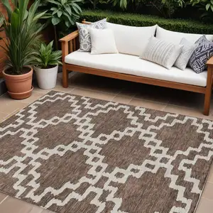 Photo of Brown And Ivory Geometric Washable Indoor Outdoor Area Rug
