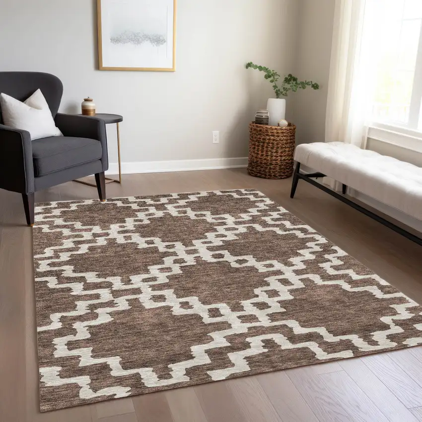 Brown And Ivory Geometric Washable Indoor Outdoor Area Rug Photo 9