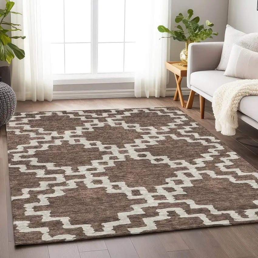 Brown And Ivory Geometric Washable Indoor Outdoor Area Rug Photo 9