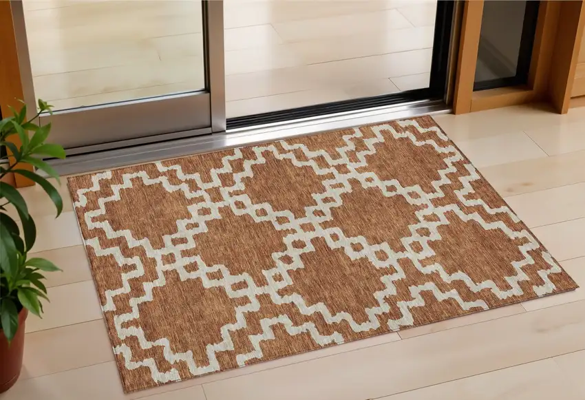 Brown And Ivory Geometric Washable Indoor Outdoor Area Rug Photo 1