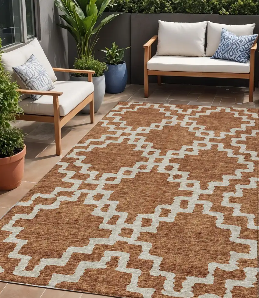 Brown And Ivory Geometric Washable Indoor Outdoor Area Rug Photo 1