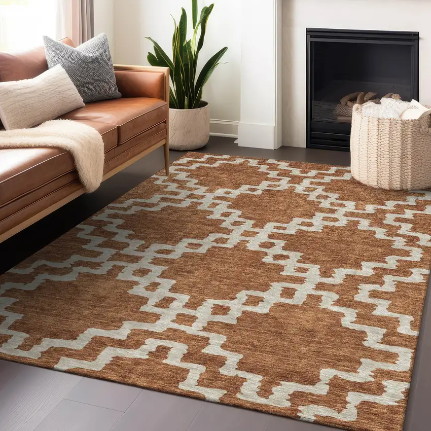 Brown And Ivory Geometric Washable Indoor Outdoor Area Rug Photo 9