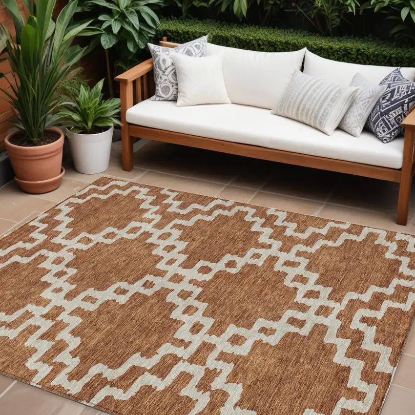 Brown And Ivory Geometric Washable Indoor Outdoor Area Rug Photo 1