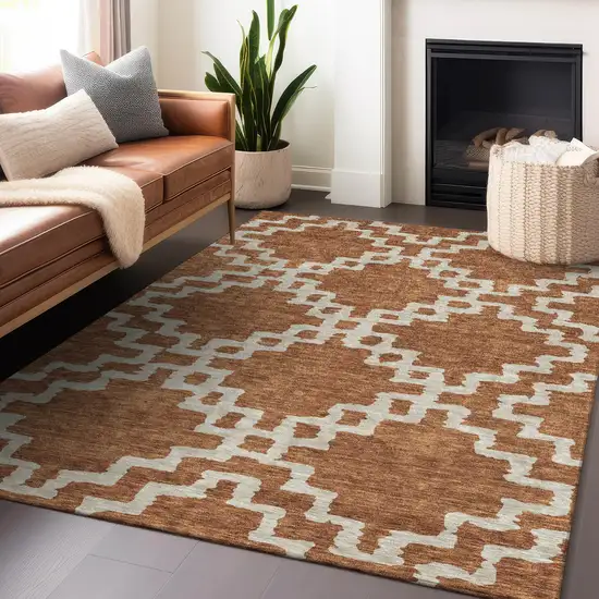 Brown And Ivory Geometric Washable Indoor Outdoor Area Rug Photo 9