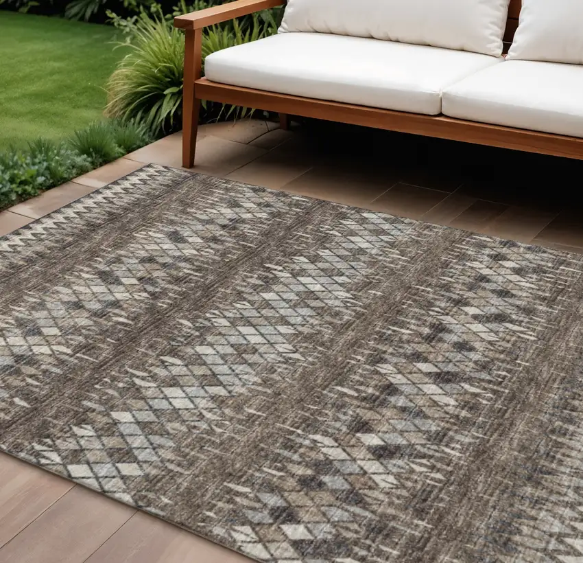 Brown And Ivory Ikat Washable Indoor Outdoor Area Rug Photo 1