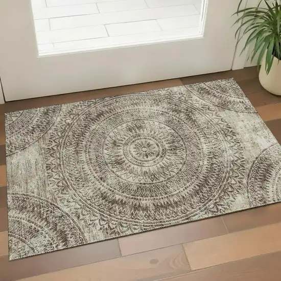 Brown And Ivory Medallion Washable Area Rug With UV Protection Photo 1