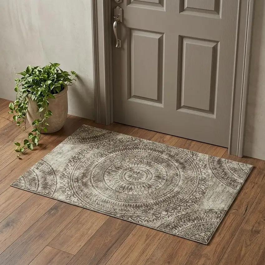 Brown And Ivory Medallion Washable Area Rug With UV Protection Photo 1