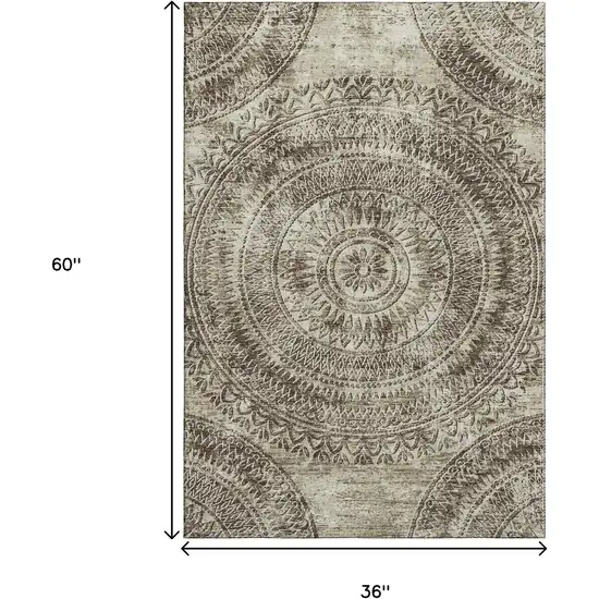 Brown And Ivory Medallion Washable Area Rug With UV Protection Photo 3