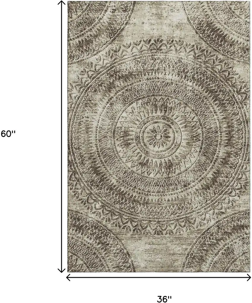 Brown And Ivory Medallion Washable Area Rug With UV Protection Photo 3