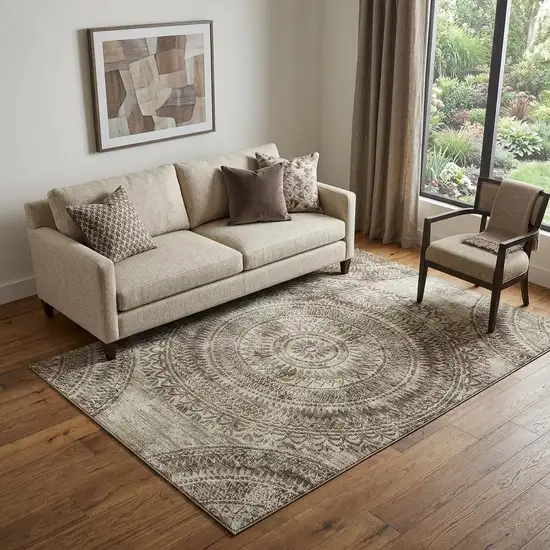 Brown And Ivory Medallion Washable Area Rug With UV Protection Photo 1