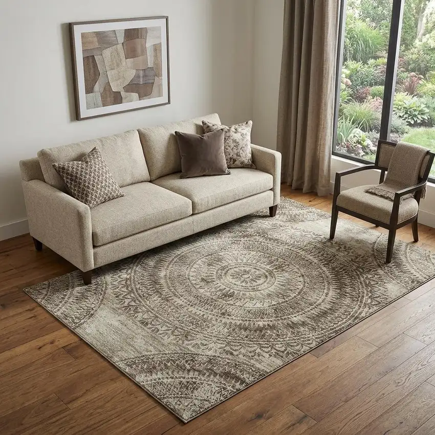 Brown And Ivory Medallion Washable Area Rug With UV Protection Photo 1