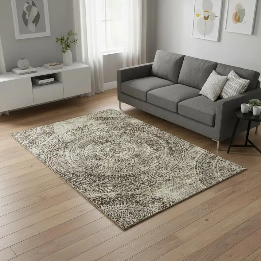 Brown And Ivory Medallion Washable Area Rug With UV Protection Photo 1