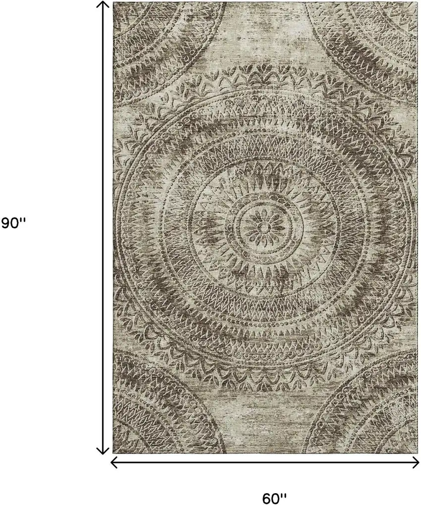 Brown And Ivory Medallion Washable Area Rug With UV Protection Photo 3
