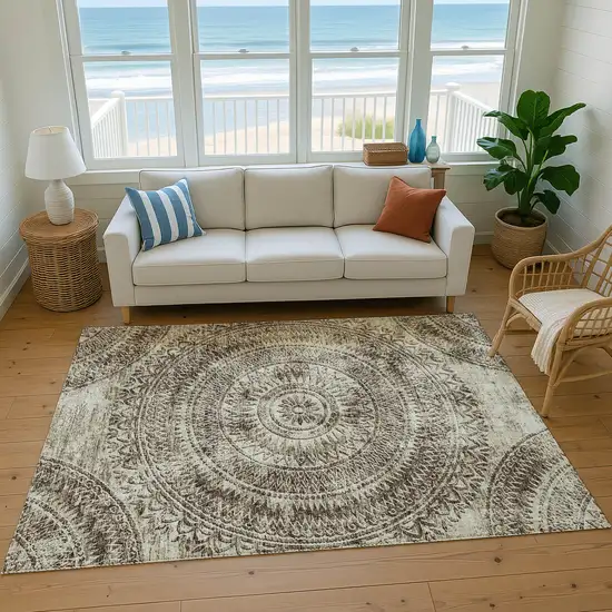 Brown And Ivory Medallion Washable Area Rug With UV Protection Photo 5