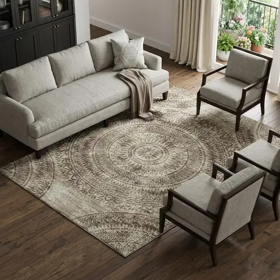 Brown And Ivory Medallion Washable Area Rug With UV Protection Photo 1