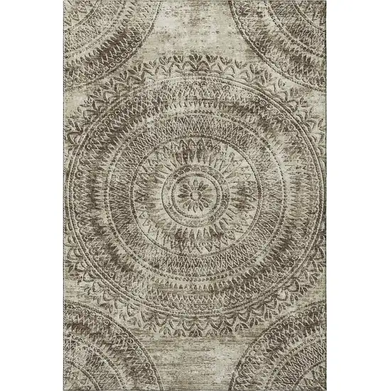 Brown And Ivory Medallion Washable Area Rug With UV Protection Photo 6
