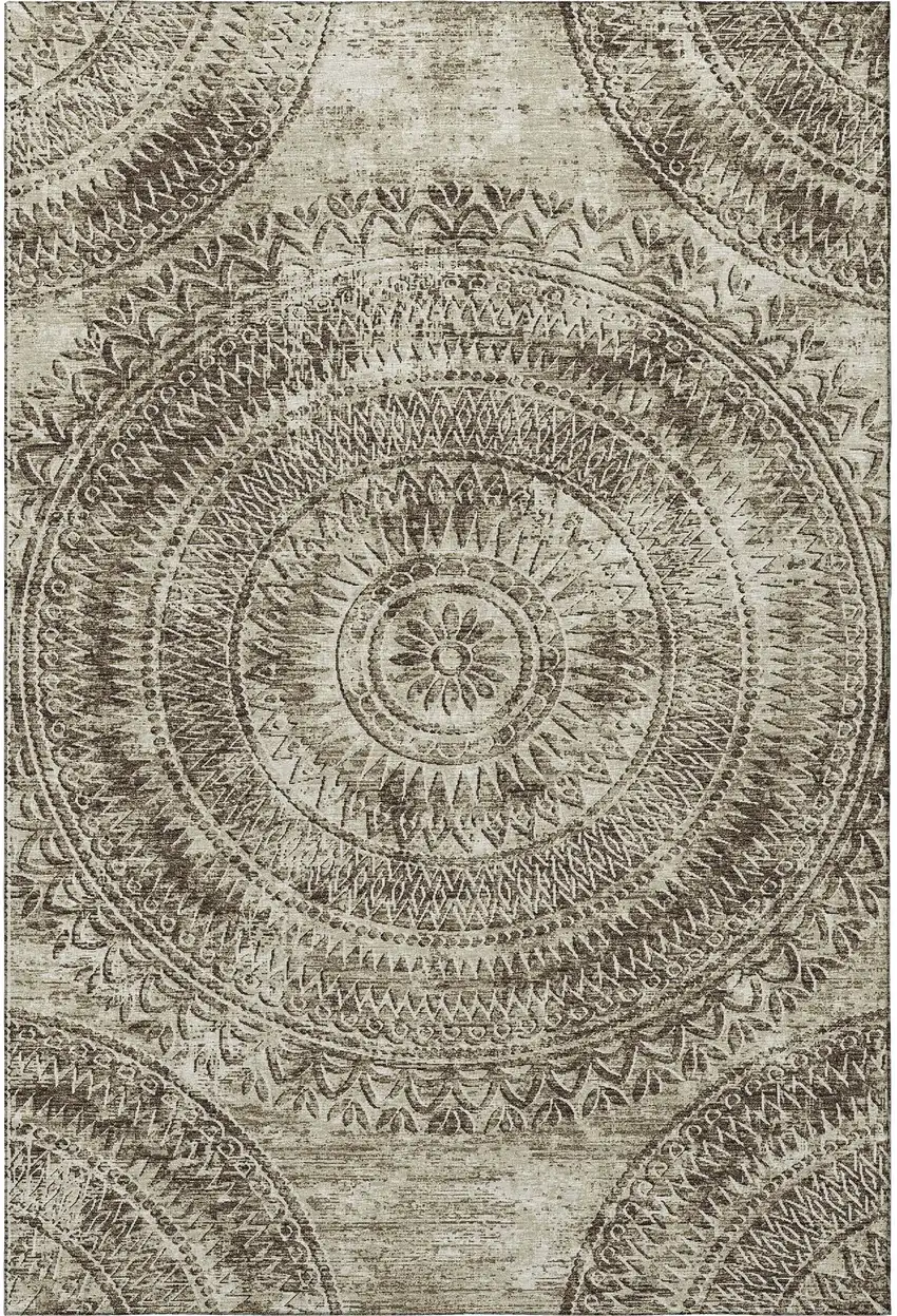 Brown And Ivory Medallion Washable Area Rug With UV Protection Photo 6