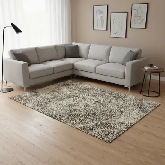 Brown And Ivory Medallion Washable Area Rug With UV Protection Photo 1
