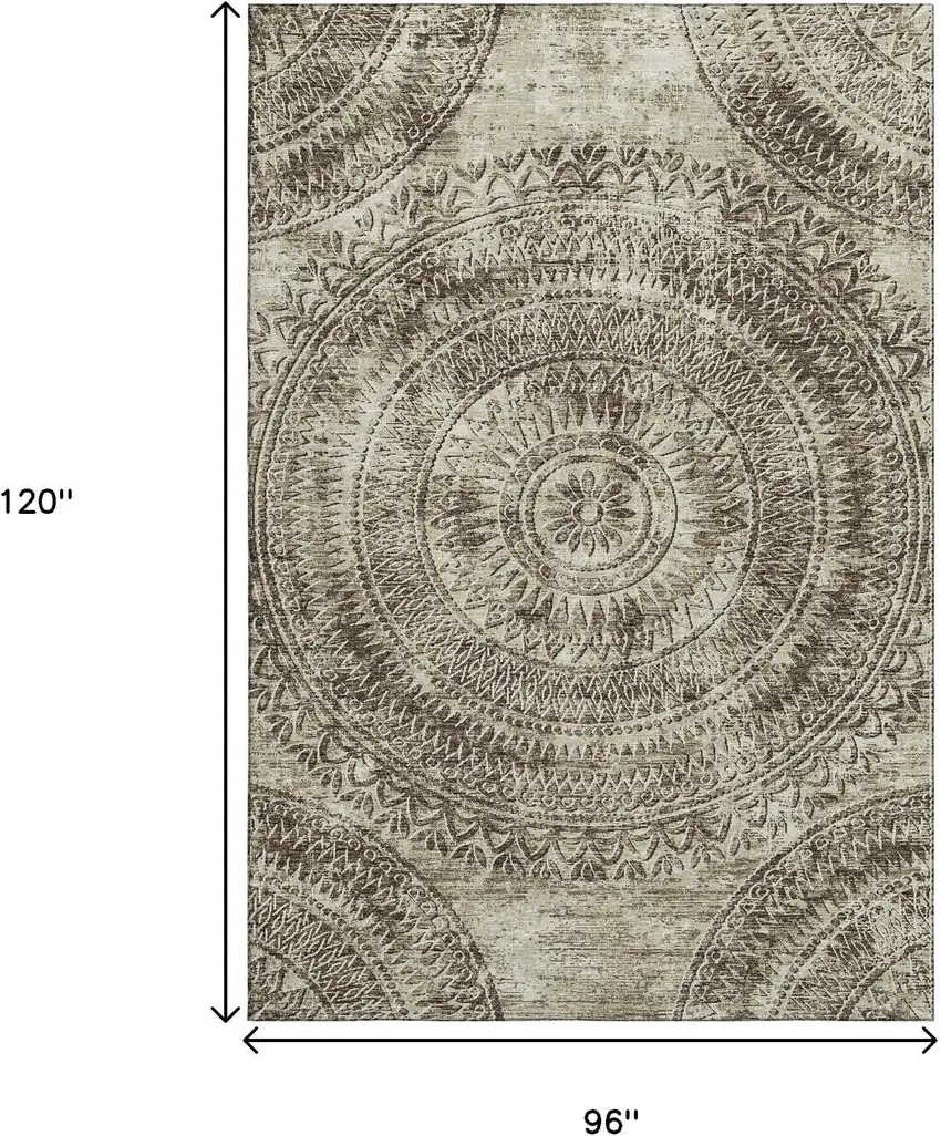 Brown And Ivory Medallion Washable Area Rug With UV Protection Photo 3