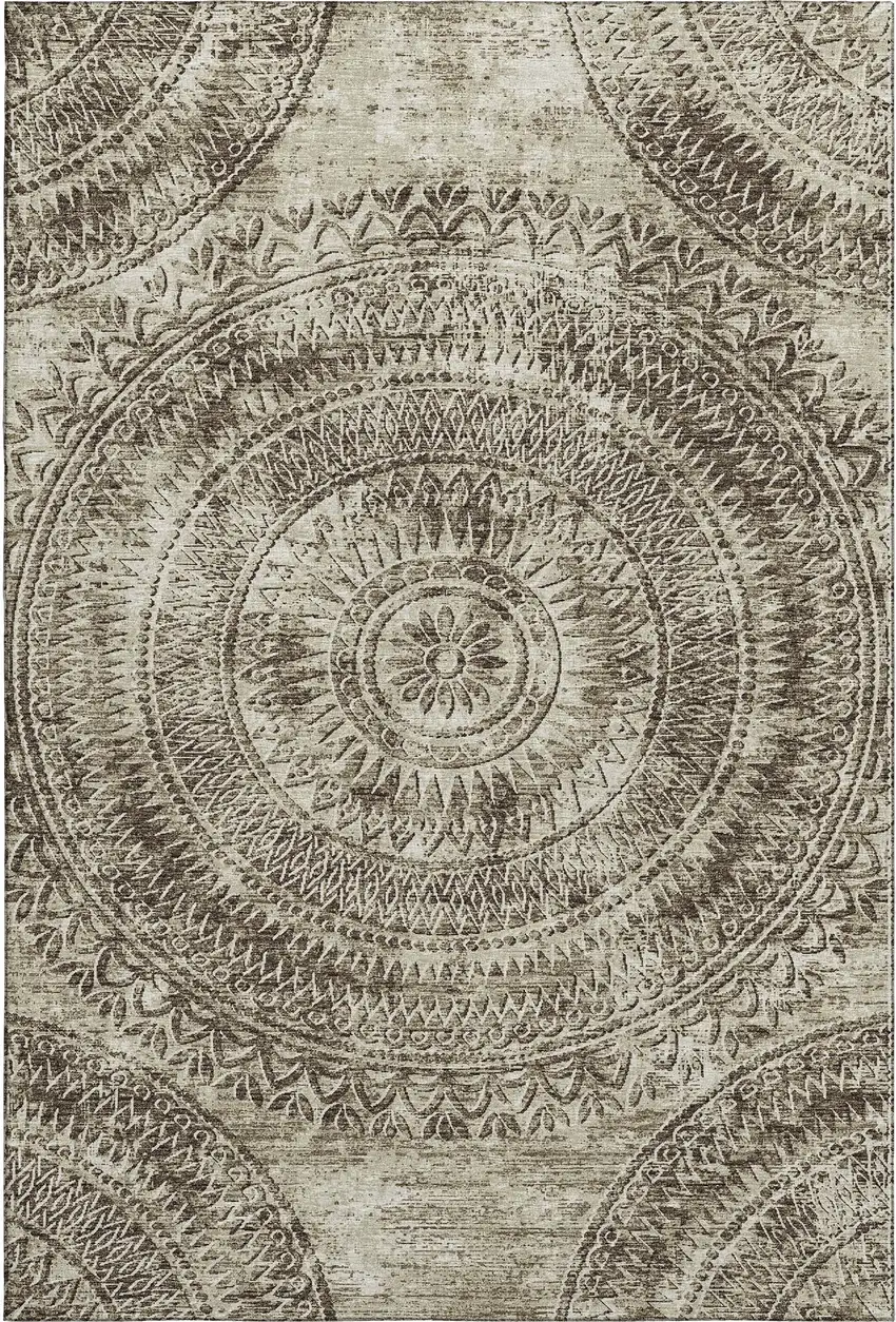 Brown And Ivory Medallion Washable Area Rug With UV Protection Photo 2