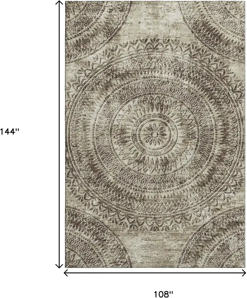 Brown And Ivory Medallion Washable Area Rug With UV Protection Photo 3
