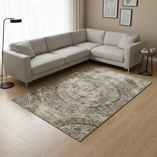Brown And Ivory Medallion Washable Area Rug With UV Protection Photo 1