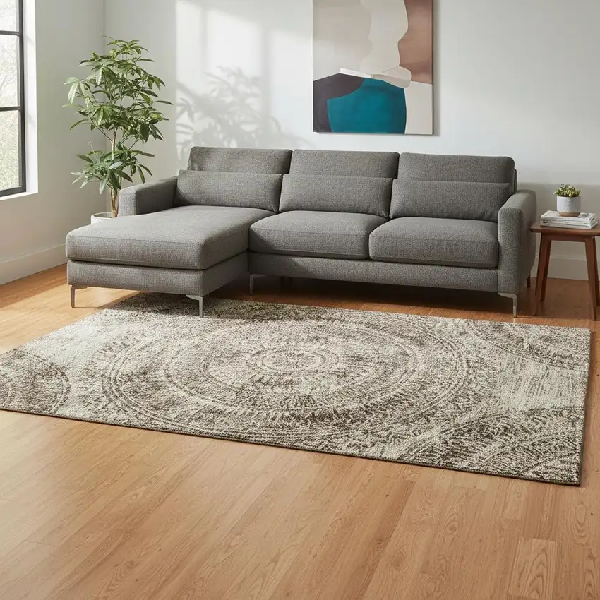 Brown And Ivory Medallion Washable Area Rug With UV Protection Photo 1