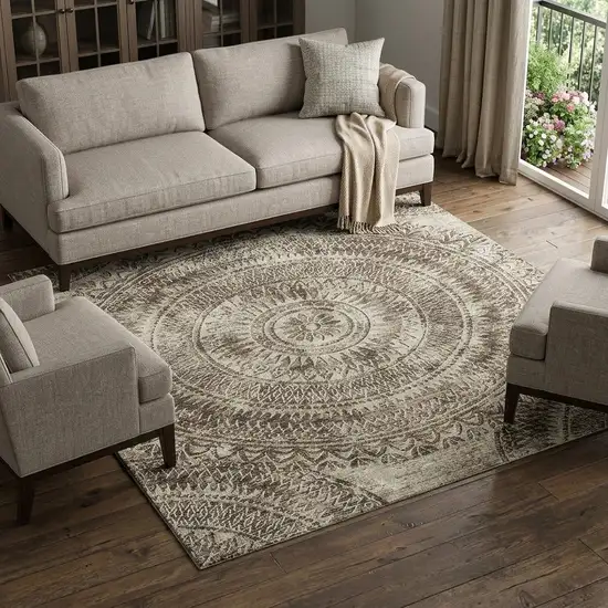 Brown And Ivory Medallion Washable Area Rug With UV Protection Photo 1