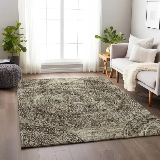 Brown And Ivory Medallion Washable Area Rug With UV Protection Photo 4