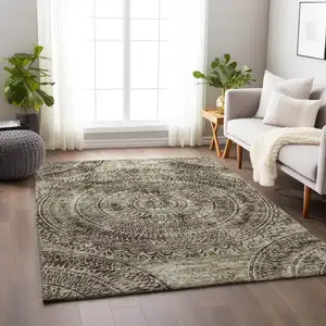 Photo of Brown And Ivory Medallion Washable Area Rug With UV Protection