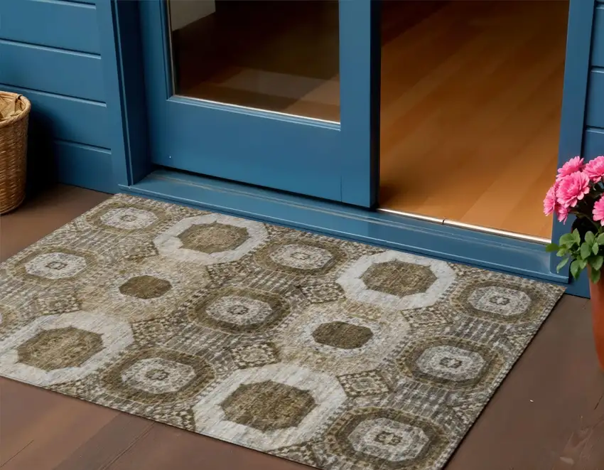 Brown And Ivory Medallion Washable Indoor Outdoor Area Rug Photo 2