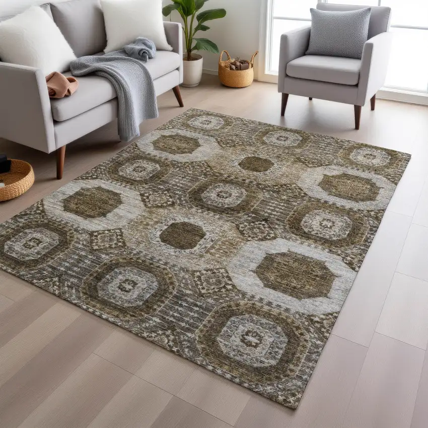 Brown And Ivory Medallion Washable Indoor Outdoor Area Rug Photo 6