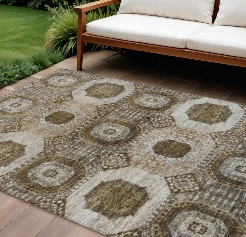Brown And Ivory Medallion Washable Indoor Outdoor Area Rug Photo 2