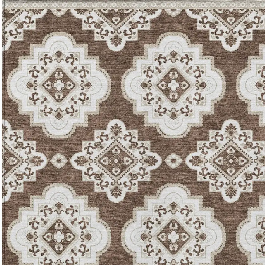Brown And Ivory Medallion Washable Indoor Outdoor Area Rug Photo 6